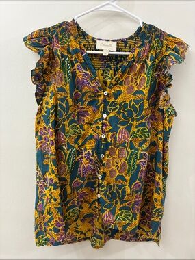 Cleobella Teal & Mustard Floral Button-Front Cap- flutter Sleeve Top - small